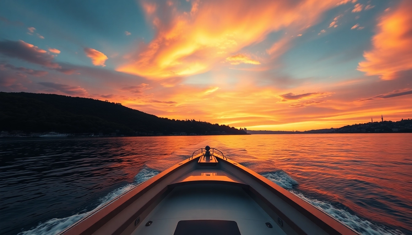 Bosphorus sunset cruise on a beautiful evening with city skyline and tranquil waters.