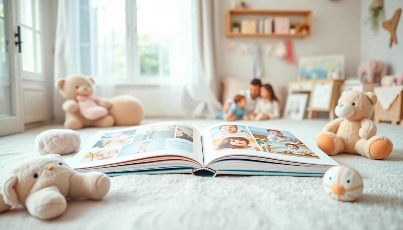 BabyAlbum24.de zeigt ein offenes Babyalbum mit liebevollen Erinnerungen in einem hellen Zimmer.