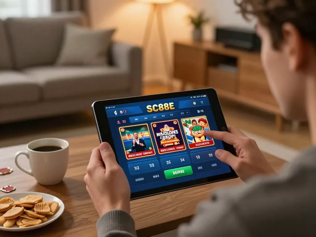 Player enjoying online gaming with the SC88E app in a cozy room, showcasing strategic focus and engagement.
