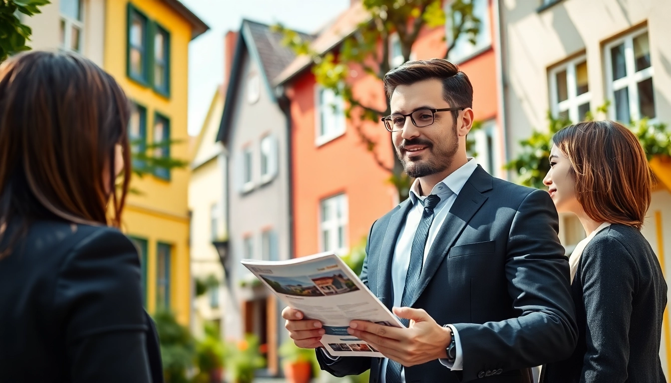 Immobilienmakler Frankfurt Eschersheim zeigt potenziellen Käufern eine Immobilienbroschüre im Freien.