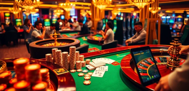 Exciting gaming scene at https://u888u88.com/ featuring players at roulette tables with poker chips.