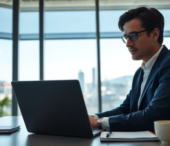 Headhunter Schweiz im modernen Büro mit Laptop und Aussicht auf Zürich.