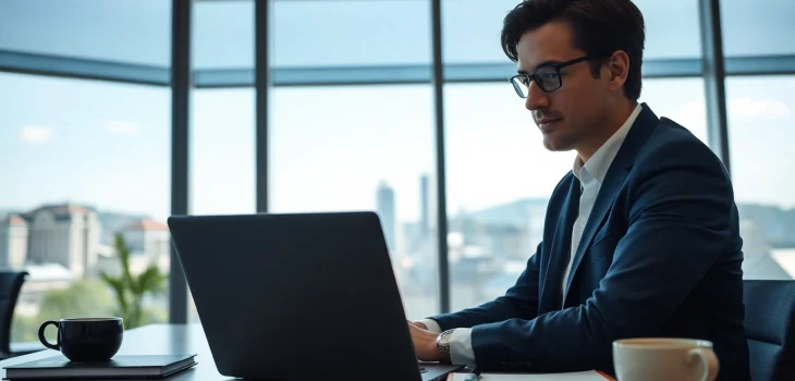 Headhunter Schweiz im modernen Büro mit Laptop und Aussicht auf Zürich.