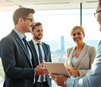 Headhunter Schweiz im Gespräch über Karrieremöglichkeiten in einem modernen Büro.