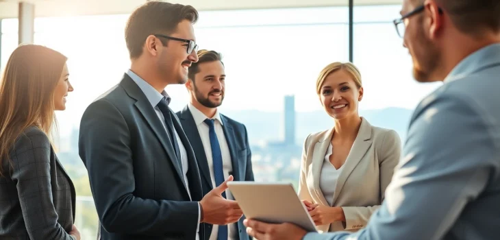 Headhunter Schweiz im Gespräch über Karrieremöglichkeiten in einem modernen Büro.