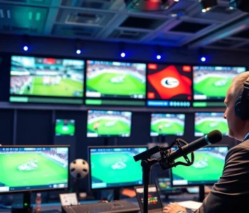 Engaging sports broadcasting setup showcasing dynamic screens and a professional broadcaster.