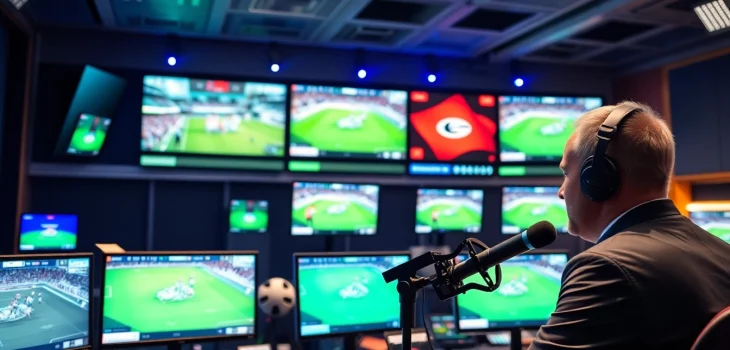 Engaging sports broadcasting setup showcasing dynamic screens and a professional broadcaster.