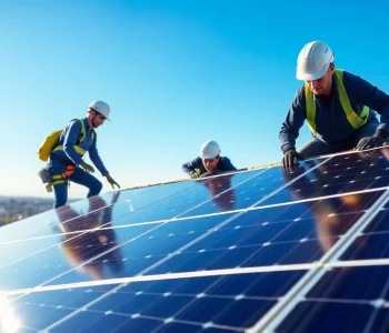 PV anlage kosten wien: Installers placing solar panels on a home's rooftop in Vienna.