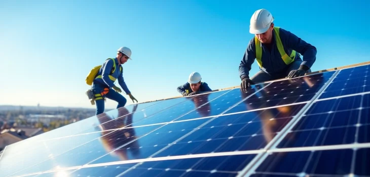 PV anlage kosten wien: Installers placing solar panels on a home's rooftop in Vienna.