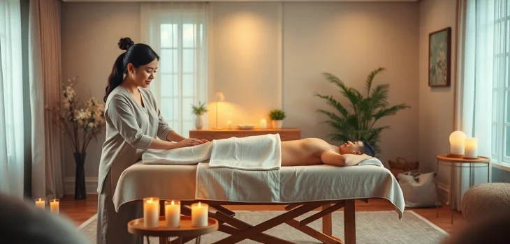 차분한 가정 환경에서 평택출장마사지로 편안함을 경험하는 모습. 젊은 치료사와 내담자가 함께합니다.