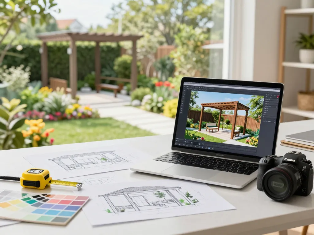 Designer nutzt den Pergola-Konfigurator, um maßgeschneiderte Außenstrukturen in einer lebhaften Gartenumgebung zu erstellen