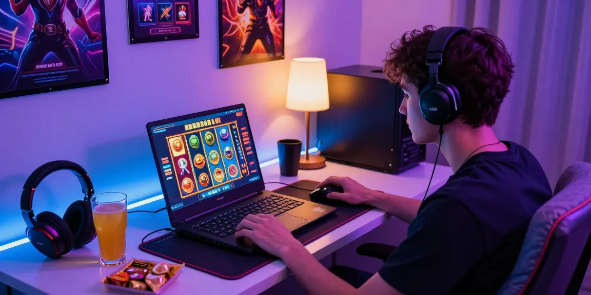 Engaging online gaming scene showcasing a player enjoying สล็อตเว็บตรง slots on a vibrant laptop.